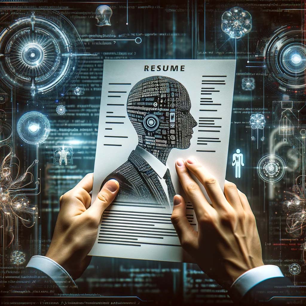 human and AI elements, such as a person holding a resume while surrounded by computer code or AI-related imagery